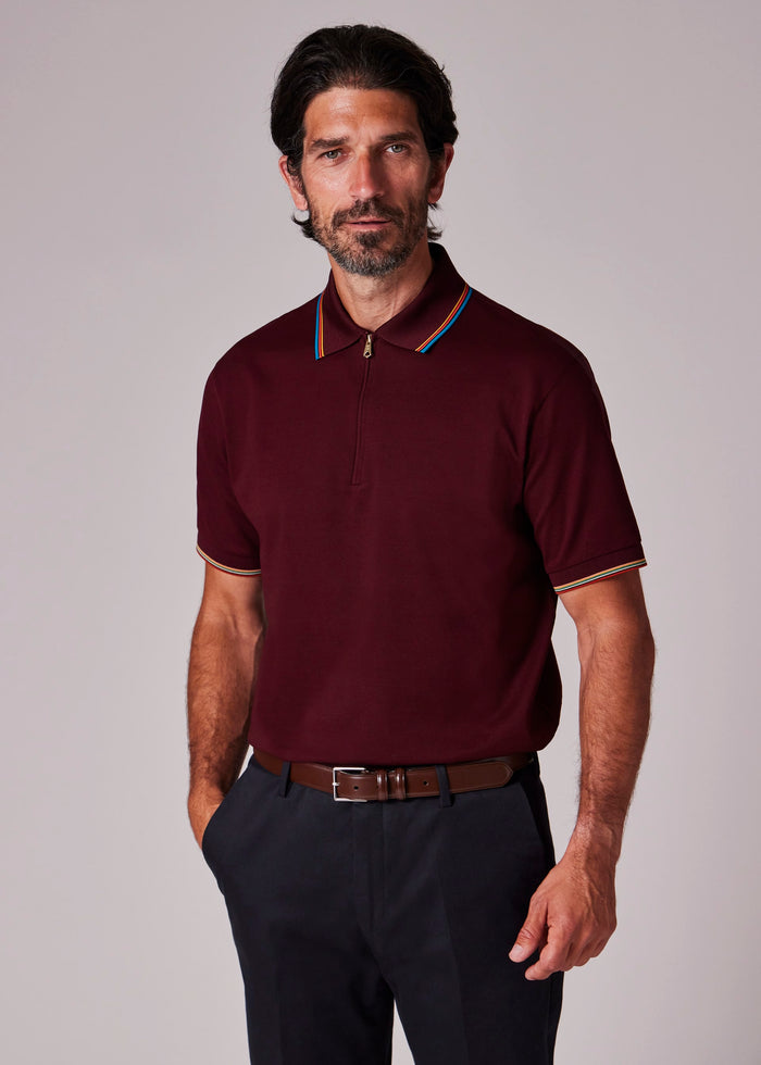 'Signature Stripe' Trim Zip Polo Shirt
