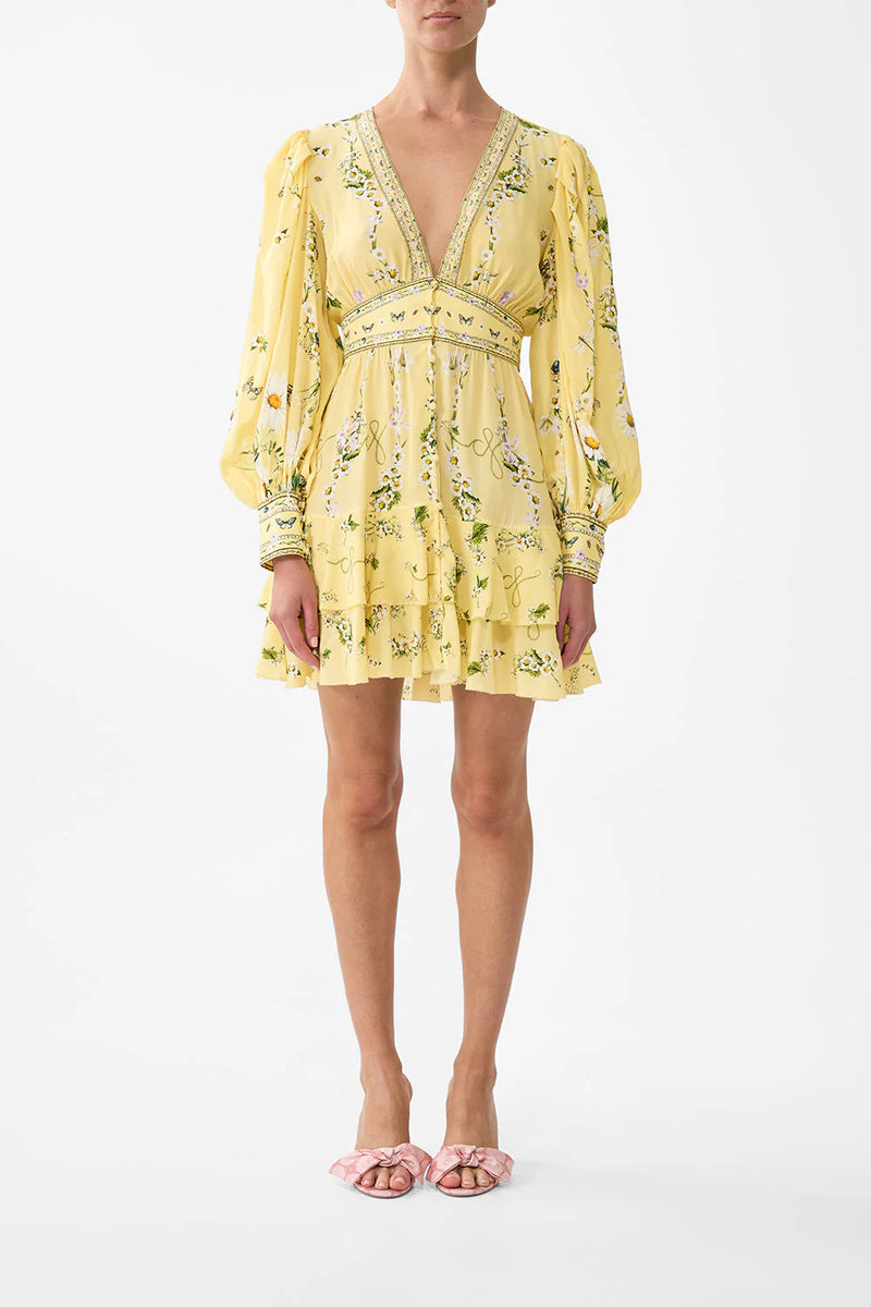 Button Front Frill Yellow Dress
