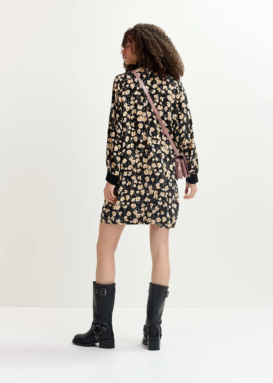 Floral-Print Mini Dress with Rib Trims