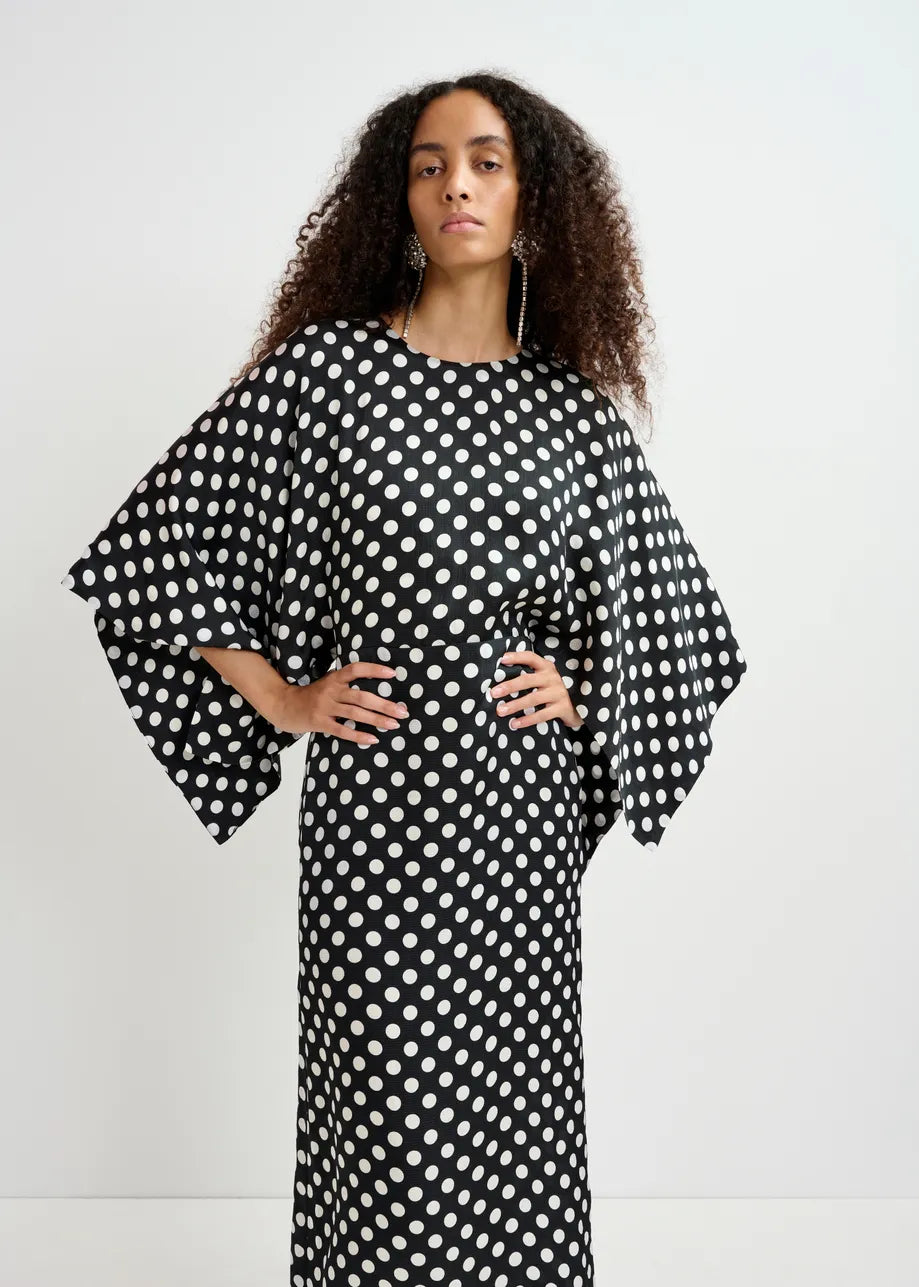 Polka-Dot Midi Dress with Kimono Sleeves