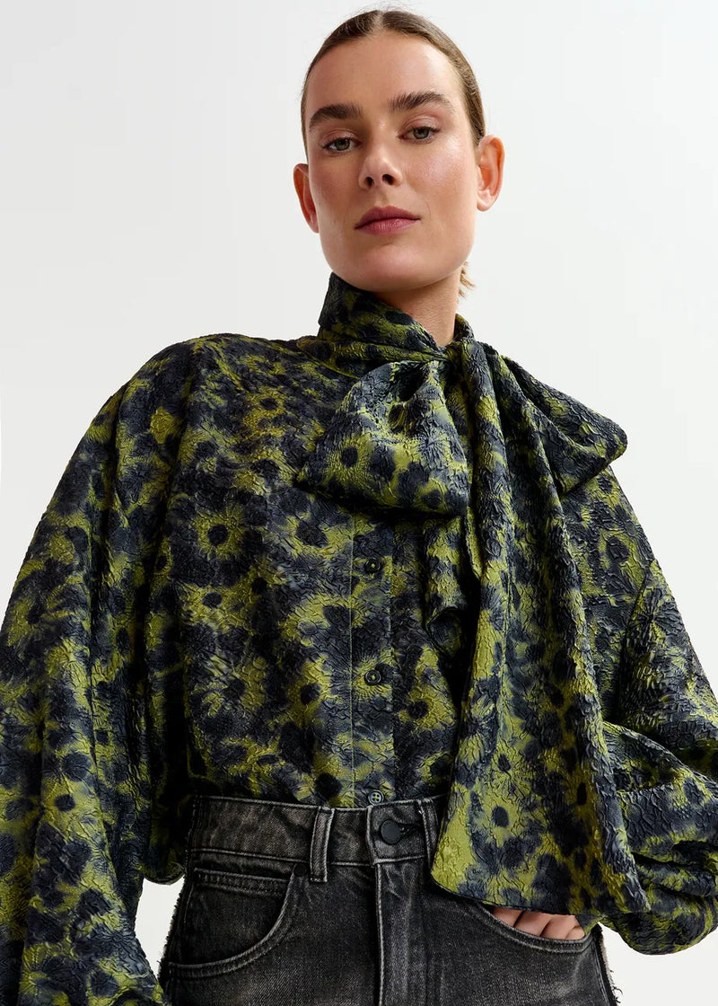 Floral Jacquard Shirt with Pussy Bow