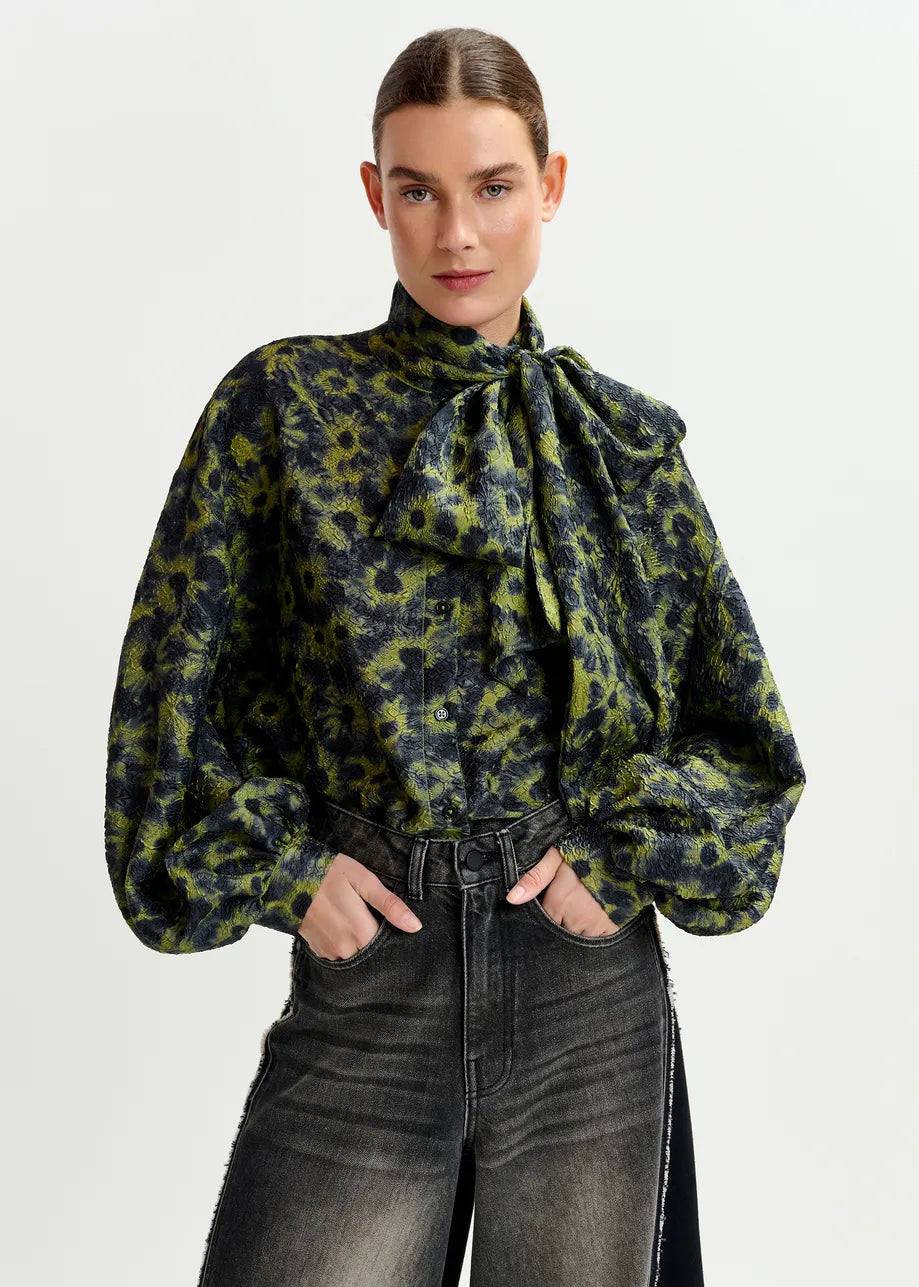 Floral Jacquard Shirt with Pussy Bow