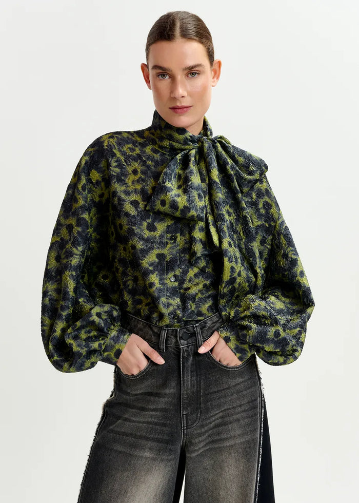 Floral Jacquard Shirt with Pussy Bow