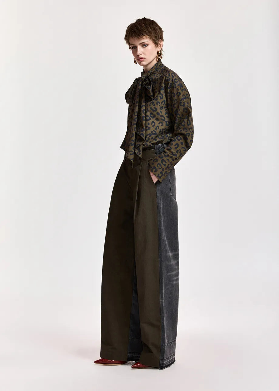 Dual-Fabric Wide-Leg Pants
