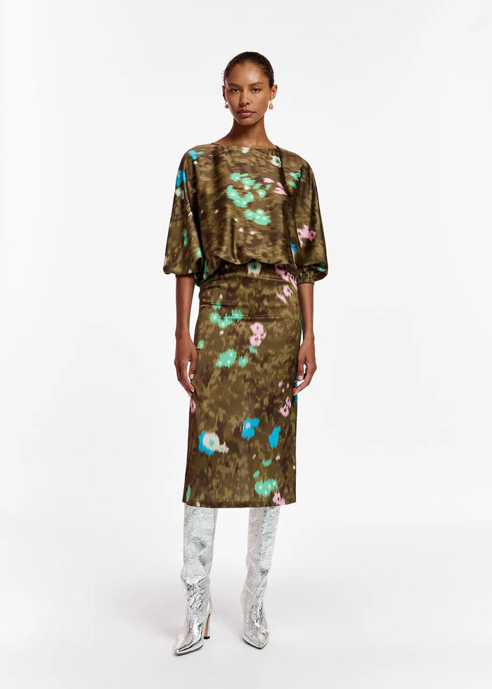 Khaki Floral Print Midi-Length Dress
