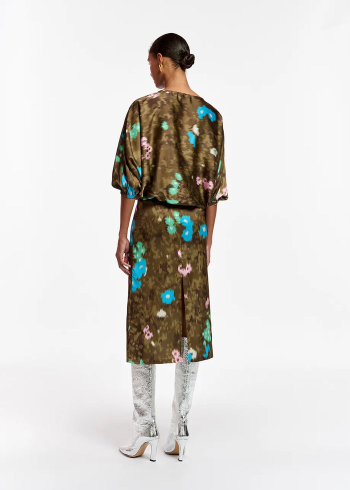 Khaki Floral Print Midi-Length Dress