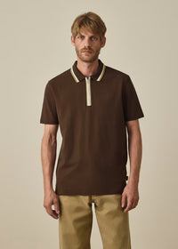 Brown Contrast Tipping Zip Polo Shirt