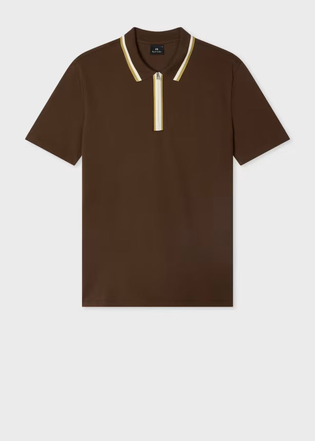 Brown Contrast Tipping Zip Polo Shirt