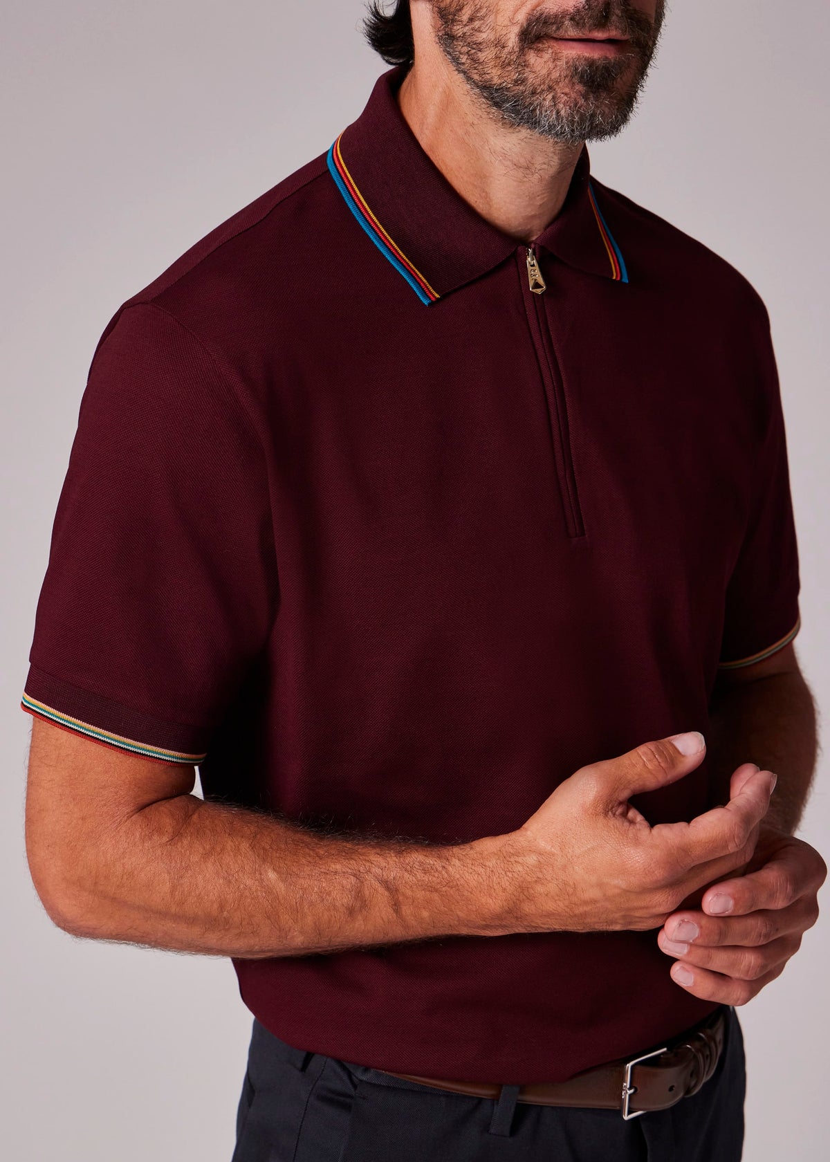 'Signature Stripe' Trim Zip Polo Shirt