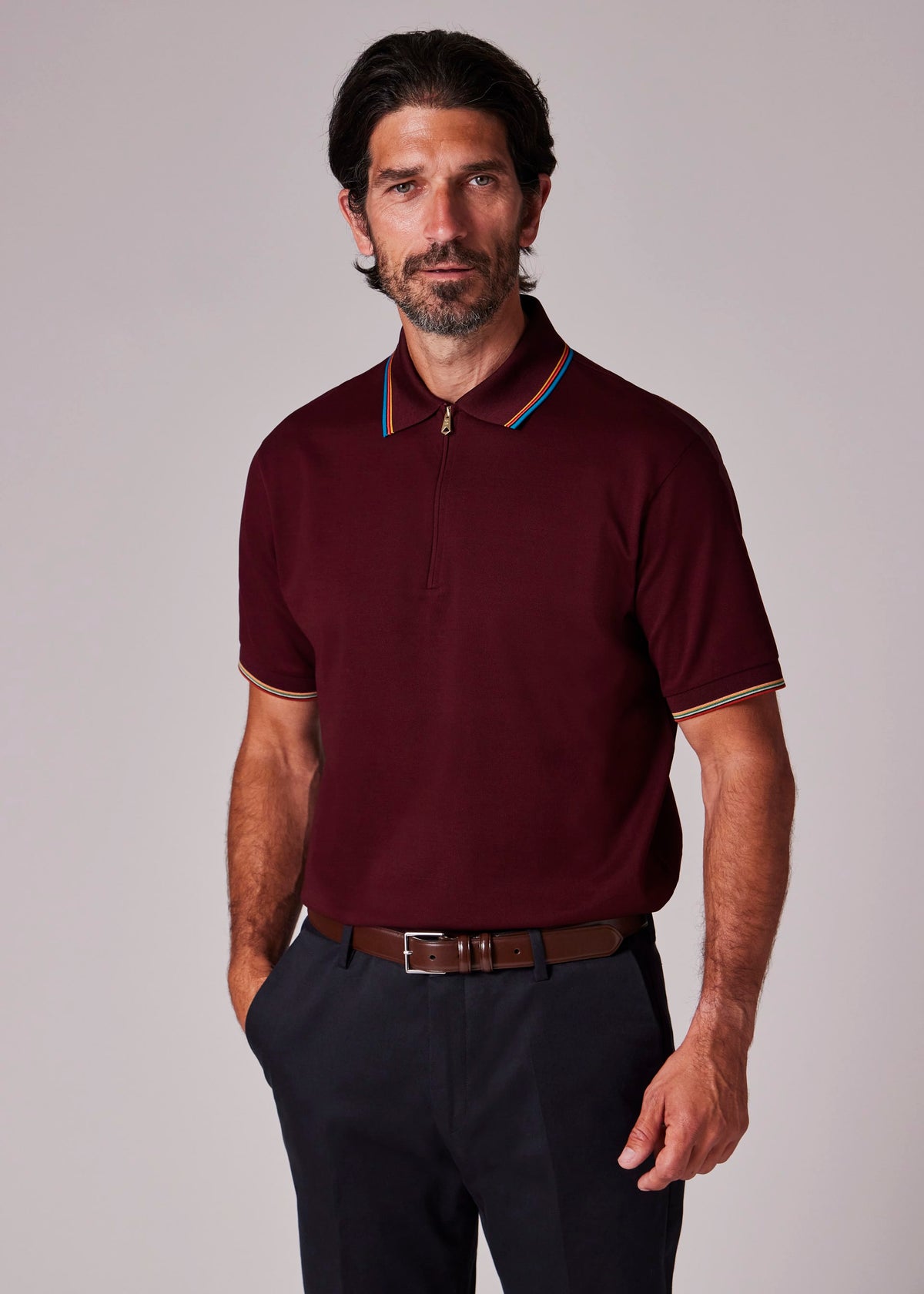 'Signature Stripe' Trim Zip Polo Shirt