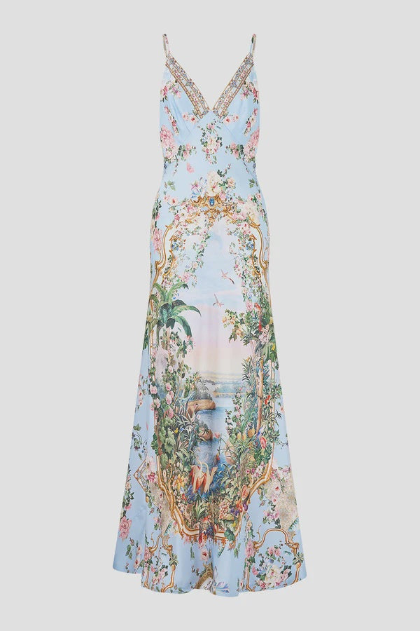 V Neck Full Length Bias Slip Dress