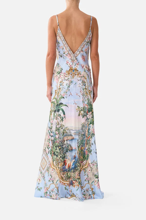 V Neck Full Length Bias Slip Dress