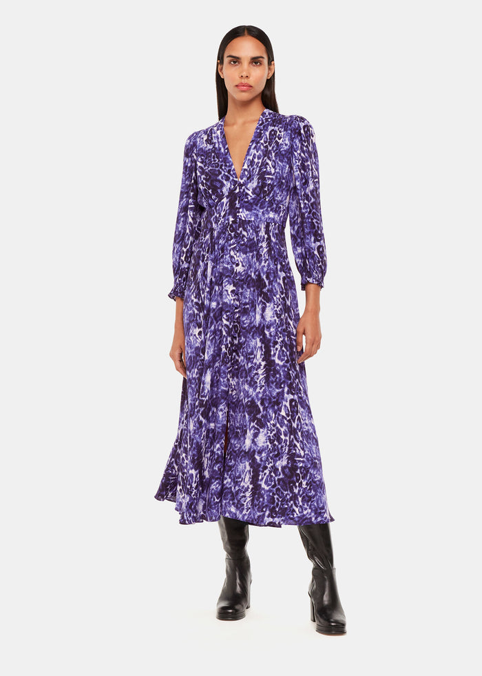 Purple/Multi Glossy Leopard Midi Dress